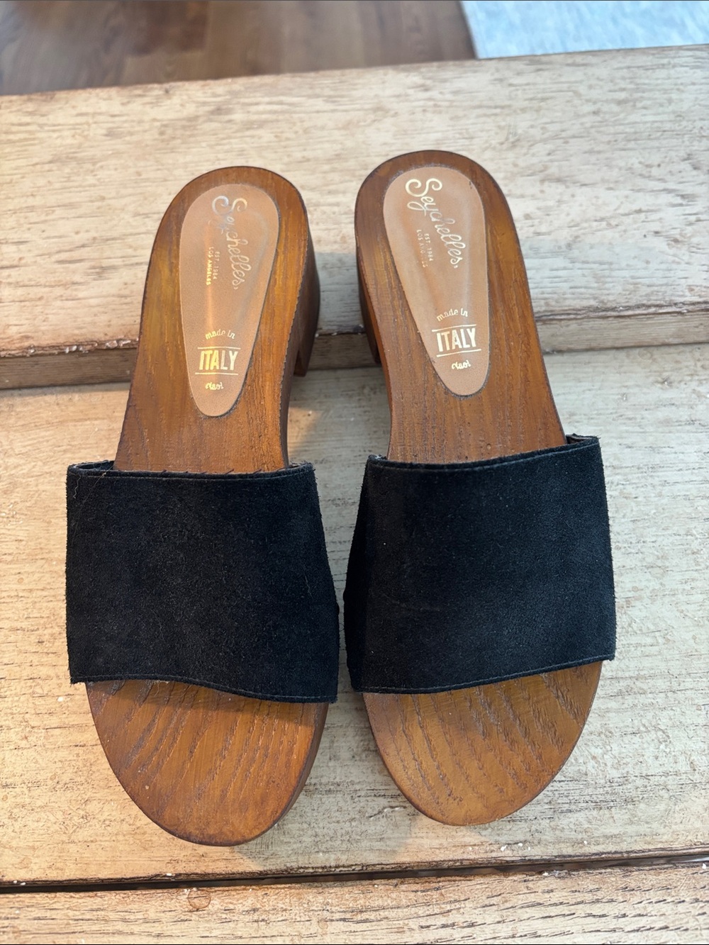Seychelles Black Suede Slide Mules with Wood-Look Footbed